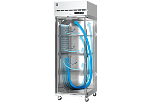 An illustrative graphic demonstrating the internal cold air circulation pattern within a Hoshizaki glass door merchandiser refrigerator to ensure even temperature distribution