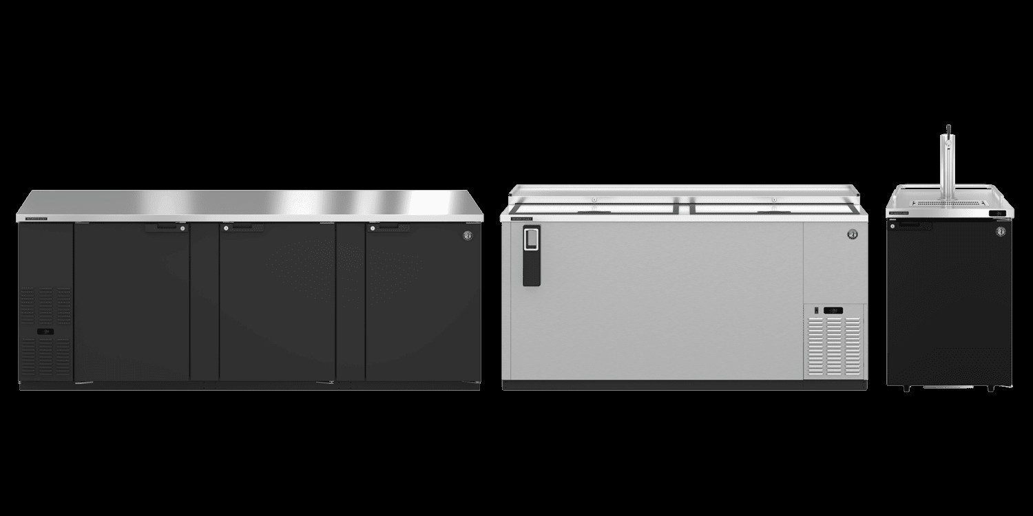 Hoshizaki Back Bar refrigeration lineup showing black refrigerators, a cooler, and a keg dispenser