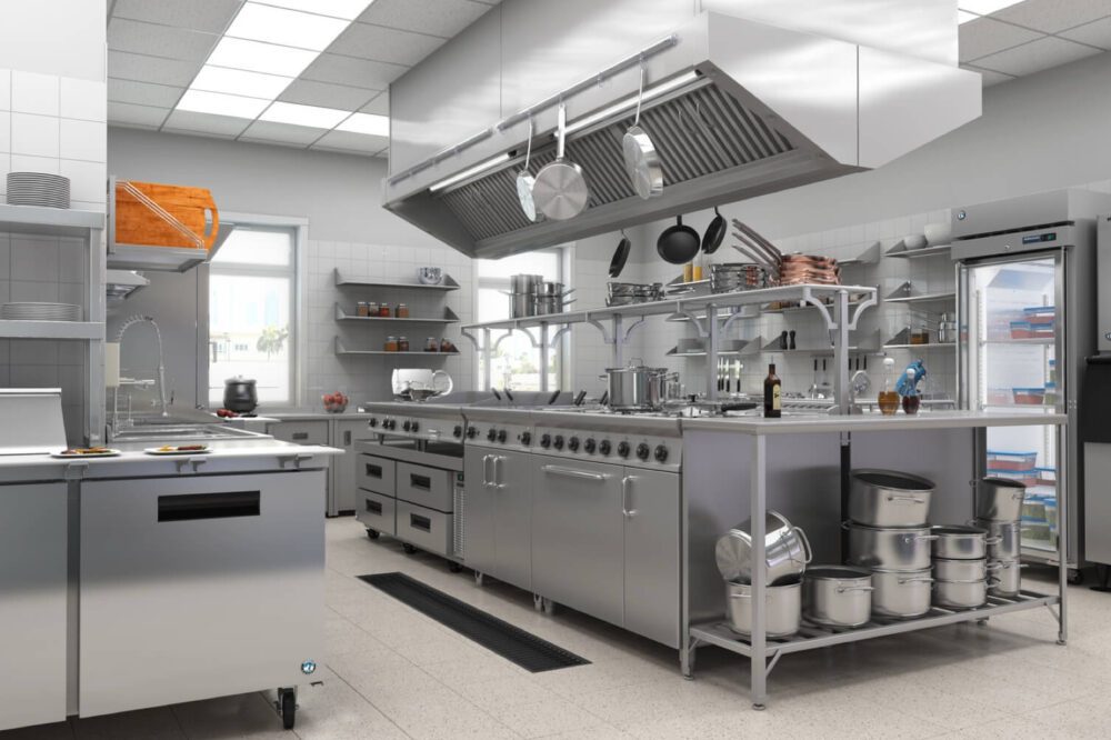 Modern, fully-equipped commercial kitchen with stainless steel Hoshizaki equipment, including ranges, prep tables, and refrigeration