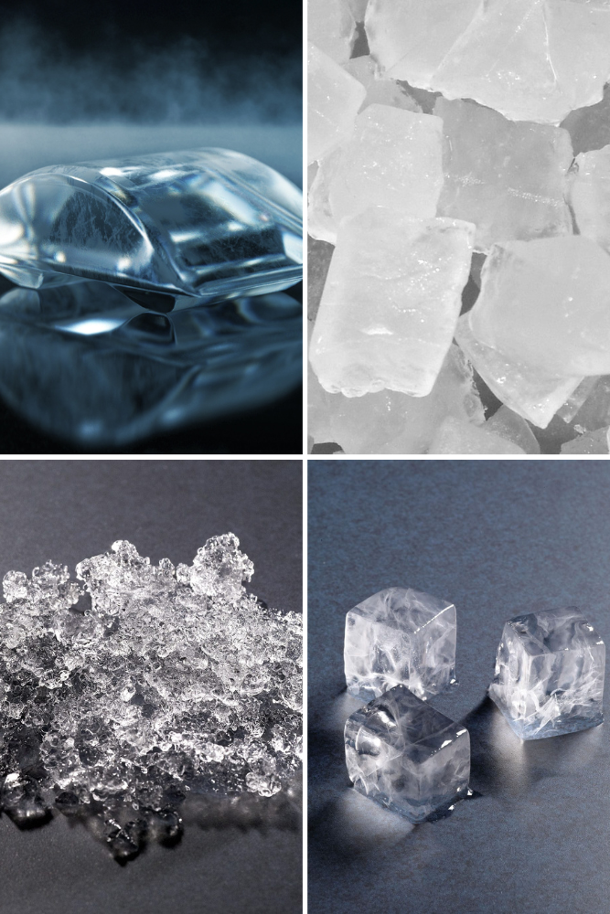 Featuring different Hoshizaki ice types: Crescent, Flaked, Cubelet, and Square ice