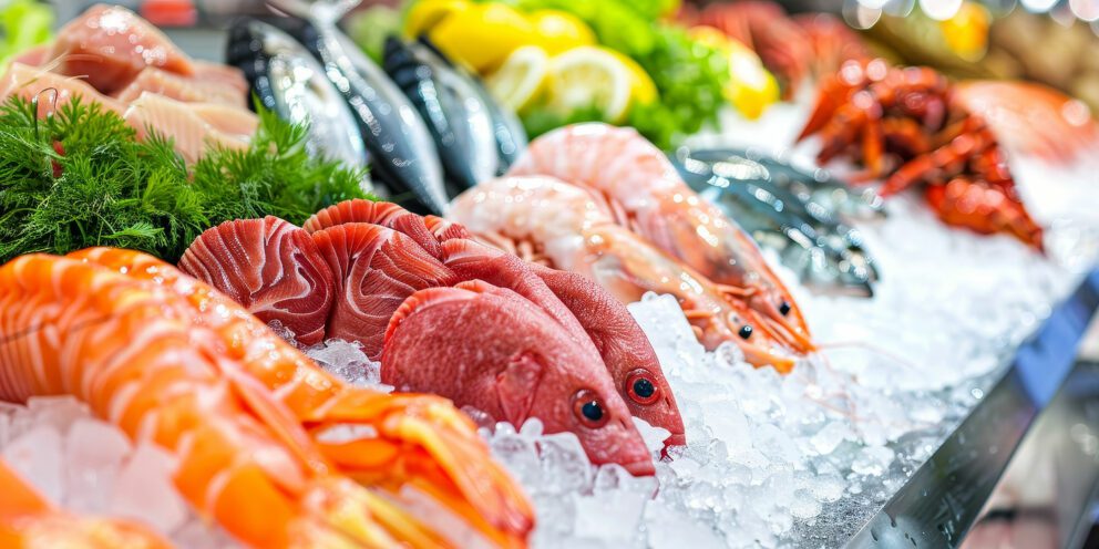 A vibrant display of fresh seafood, including large shrimp and red snapper, resting on a bed of Hoshizaki flaked ice to maintain freshness in a retail case