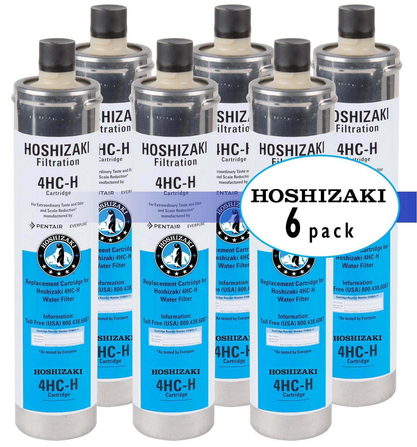 A six-pack of Hoshizaki 4HC-H replacement water filter cartridges designed for scale reduction and improved taste