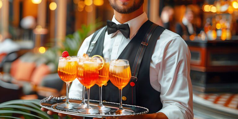 A server carries a tray of iced cocktails, likely using quality Hoshizaki ice, in a fine dining restaurant or bar setting
