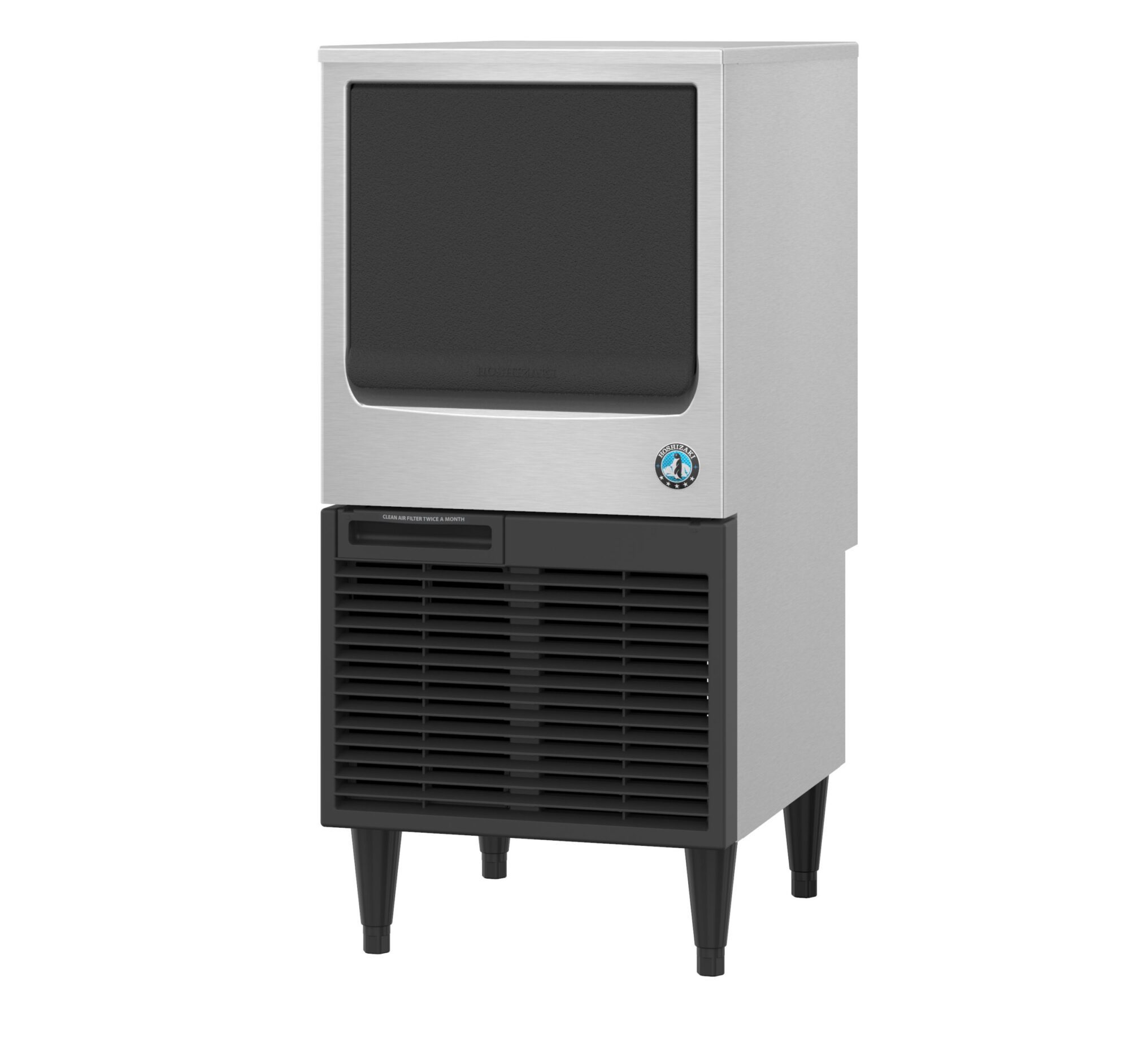 The compact Hoshizaki KM-81BAJ crescent ice machine, ideal for undercounter placement, is shown with its stainless steel finish and black air intake
