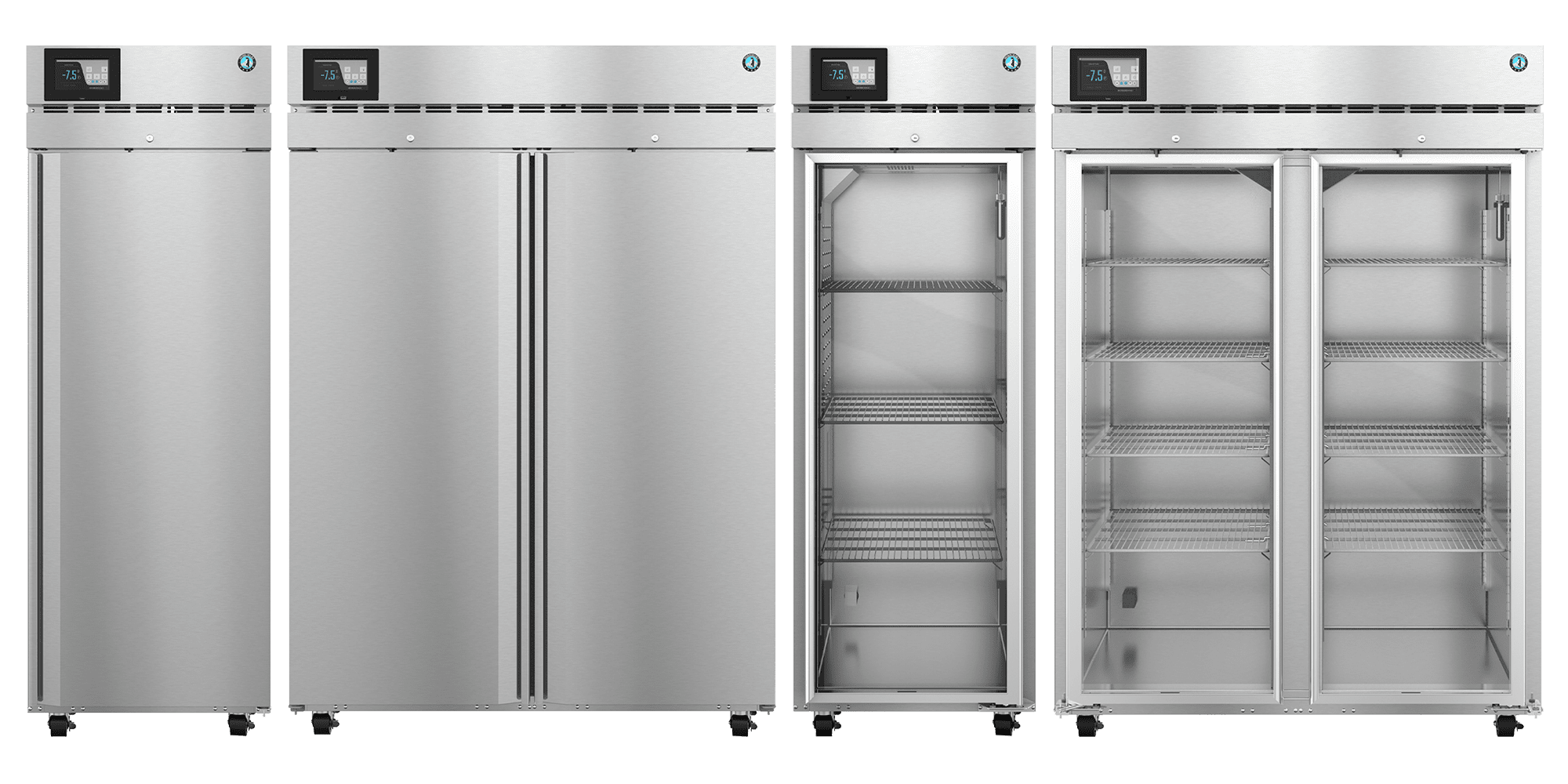 A lineup of Hoshizaki medical refrigerators and freezers used for temperature-sensitive storage in a healthcare facility
