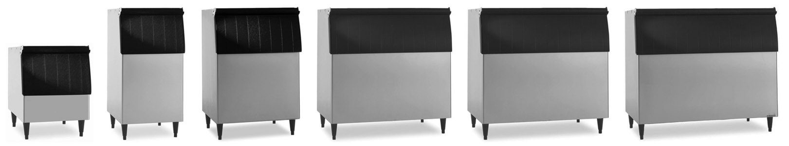 A lineup showing six different sizes of Hoshizaki modular ice storage bins with black polyethylene slide lids