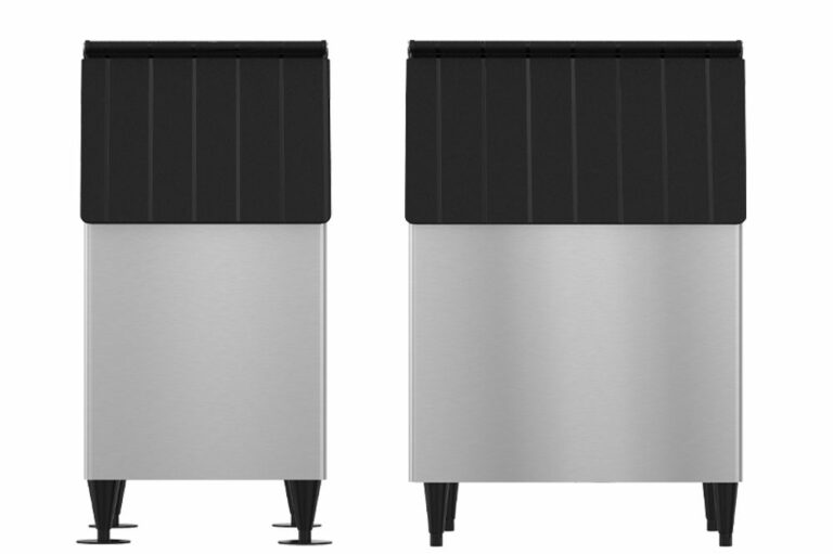 Two different widths of Hoshizaki modular ice storage bins are shown side-by-side, each featuring a large black roll-top lid