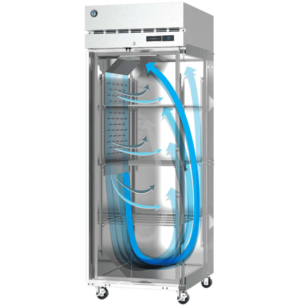An illustrative graphic demonstrating the internal cold air circulation pattern within a Hoshizaki glass door merchandiser refrigerator to ensure even temperature distribution