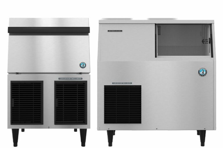 Hoshizaki built-in bin ice machines for flaked or cubed ice production in a commercial kitchen