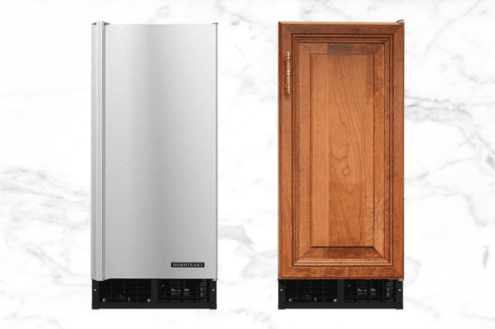 Two Hoshizaki undercounter clear cube ice makers shown for comparison: one with a sleek stainless steel door and one with a custom wood panel-ready door