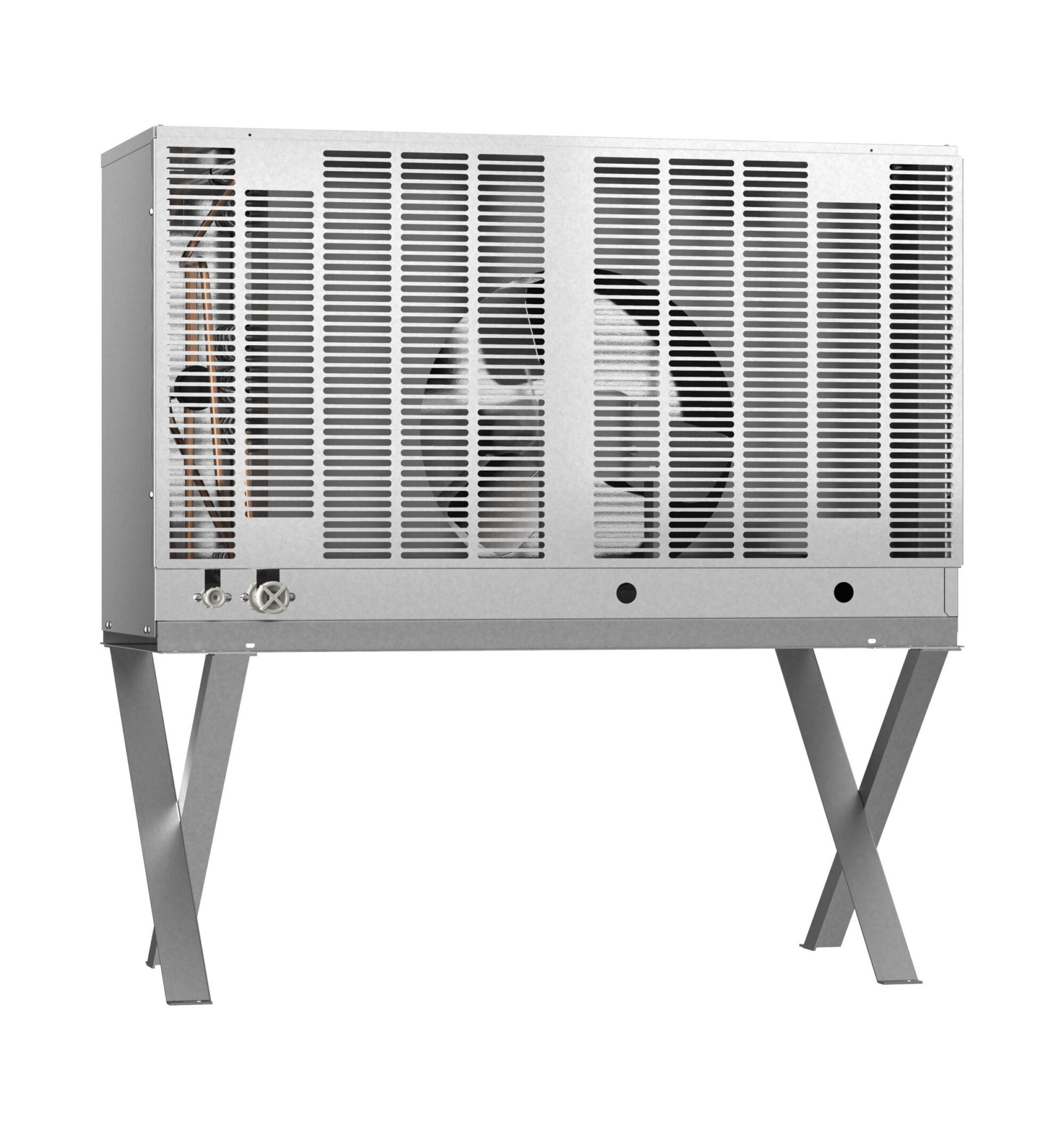 The Hoshizaki URC-9FZ outdoor remote condenser unit is shown on X-shaped legs, featuring a durable galvanized steel casing and a visible cooling fan